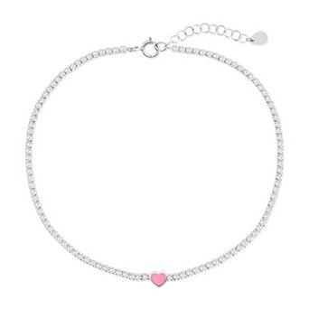 Argento Bella Sterling Silver Cubic Zirconia Pink Enamel Heart Anklet
