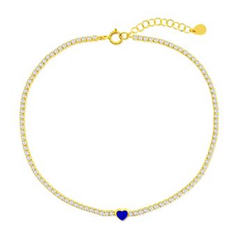 Argento Bella Sterling Silver Cubic Zirconia Blue Enamel Heart Anklet