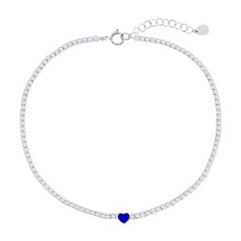 Argento Bella Sterling Silver Cubic Zirconia Blue Enamel Heart Anklet