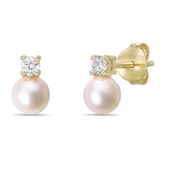 Gemminded 18k Gold Over Silver 1/8 Carat T.W. Lab-Grown Diamond & Freshwater Cultured Pearl Earrings