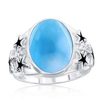 Nautica Rocks Sterling Silver Oval Larimar Cabochon & Starfish Ring