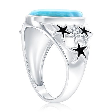 Nautica Rocks Sterling Silver Oval Larimar Cabochon & Starfish Ring