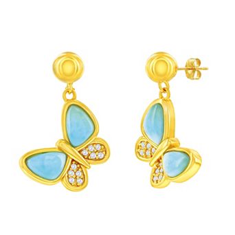 Nautica Rocks Gold Tone Sterling Silver Larimar & Cubic Zirconia Butterfly Earrings