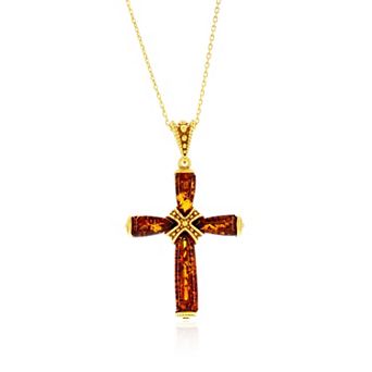 Nautica Rocks Gold Tone Sterling Silver Amber Cross Pendant Necklace