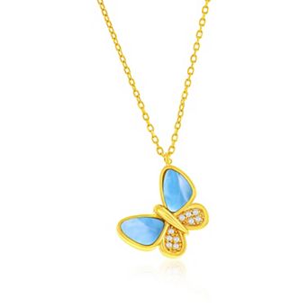 Nautica Rocks Gold Tone Sterling Silver Larimar & Cubic Zirconia Butterfly Pendant Necklace