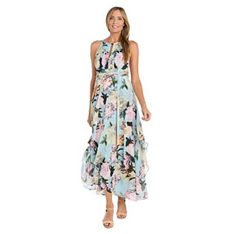 Women's R&M Richards Long Floral Printed Metallic Keyhole Halter Dress