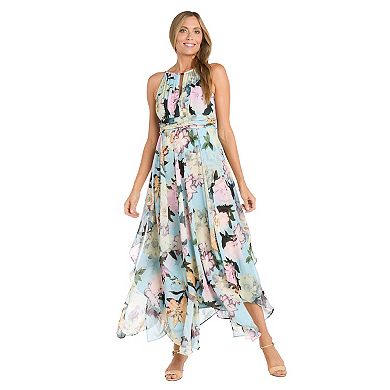 Women's R&M Richards Long Floral Printed Metallic Keyhole Halter Dress