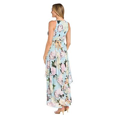 Women's R&M Richards Long Floral Printed Metallic Keyhole Halter Dress