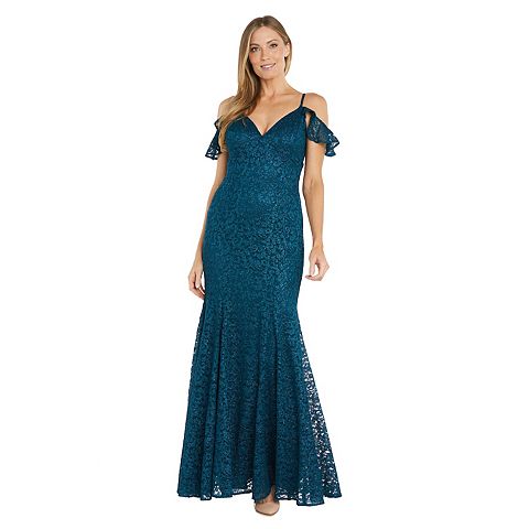 Женские платья R&M Women's R&M Richards Flutter Cap Sleeves Long Sequin Lace Dress