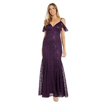 Women's R&M Richards Flutter Cap Sleeves Long Sequin Lace Dress