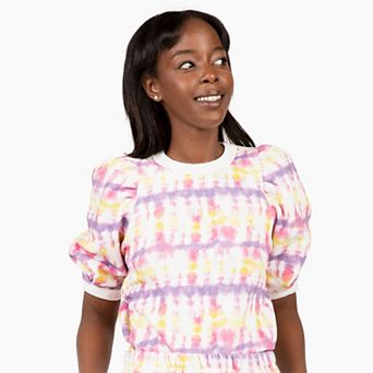 Puff Sleeve Crew Neck Sweatshirt in Sunset Tie Dye