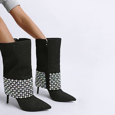London Rag Basso Women's Diamante Studded Stiletto Boots