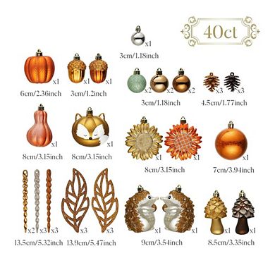 Fall Harvest Christmas Tree Ornaments Set, 40-Piece Autumn Woodland Ornaments