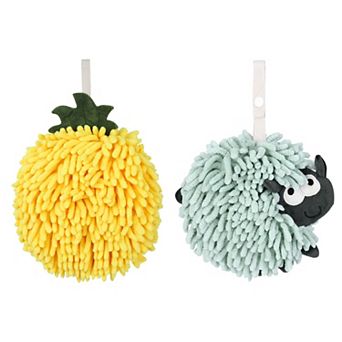 2 pc Soft Absorbent Ball Hand Towel Set, Fuzzy Towels with Wall Hook for Bathroom 7"x7"&6"x6"