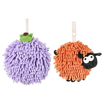 2 pc Soft Absorbent Ball Hand Towel Set, Fuzzy Towels with Wall Hook for Bathroom 7"x7"&6"x6"