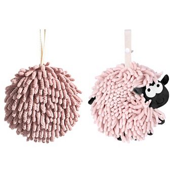 2 pc Soft Absorbent Ball Hand Towel Set, Fuzzy Towels with Wall Hook for Bathroom 7"x7"&6"x6"