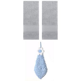 3 pc Solid Striped Hand Towels and Chenille Hanging Bathroom Hand Towels with Loop 6"x15"&14"x30"