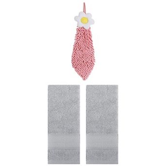 3 pc Solid Striped Hand Towels and Chenille Hanging Bathroom Hand Towels with Loop 6"x15"&14"x30"