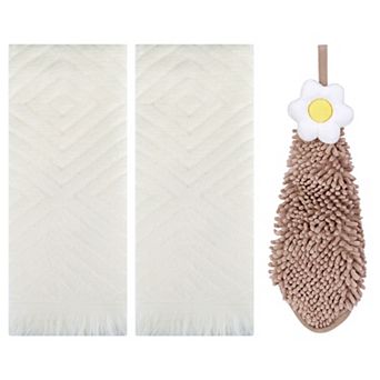 3 pc Geometric Pattern Hand Towels and Chenille Hanging Bathroom Towels with Loop 6"x15"&13"x29"
