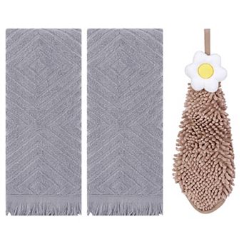 3 pc Geometric Pattern Hand Towels and Chenille Hanging Bathroom Towels with Loop 6"x15"&13"x29"