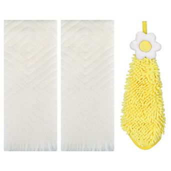 3 pc Geometric Pattern Hand Towels and Chenille Hanging Bathroom Towels with Loop 6"x15"&13"x29"