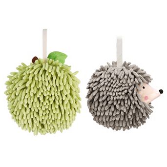 2 pc Absorbent Fluffy Ball Hand Towel Set, Decorative Towels with Wall Hook for Bathroom 7"x7"&6"x6"