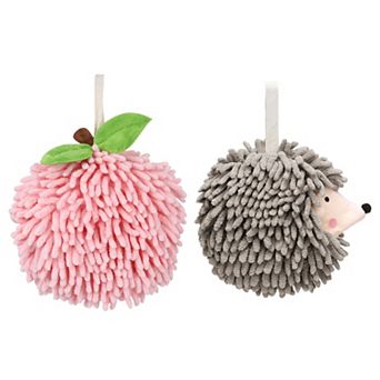 2 pc Absorbent Fluffy Ball Hand Towel Set, Decorative Towels with Wall Hook for Bathroom 7"x7"&6"x6"