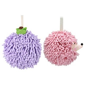 2 pc Absorbent Fluffy Ball Hand Towel Set, Decorative Towels with Wall Hook for Bathroom 7"x7"&6"x6"