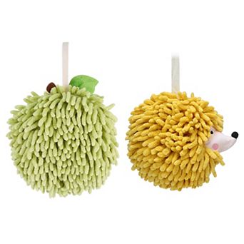 2 pc Absorbent Fluffy Ball Hand Towel Set, Decorative Towels with Wall Hook for Bathroom 7"x7"&6"x6"