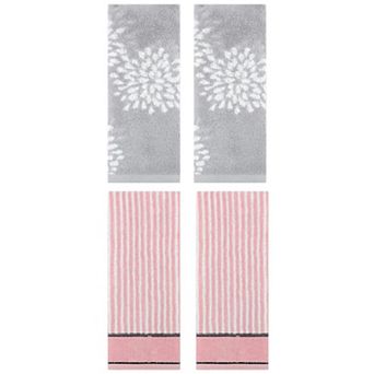 4 pc Floral and Striped Cotton Hand Towels, Absorbent Soft Decorative Hand Towel 14"x30"&13"x29"