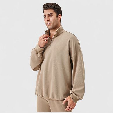 Men's Oversized Quarter Zip Pullover with Drop Shoulders and Ribbed Cuffs for Relaxed Casual Styling