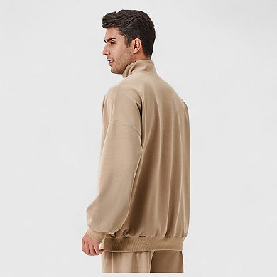 Men's Oversized Quarter Zip Pullover with Drop Shoulders and Ribbed Cuffs for Relaxed Casual Styling