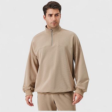 Men's Oversized Quarter Zip Pullover with Drop Shoulders and Ribbed Cuffs for Relaxed Casual Styling