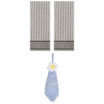 3 pc Striped Cotton Hand Towels and Chenille Hanging Bathroom Hand Towels with Loop 6"x15"&13"x29"