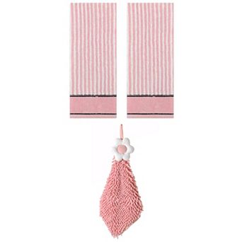 3 pc Striped Cotton Hand Towels and Chenille Hanging Bathroom Hand Towels with Loop 6"x15"&13"x29"
