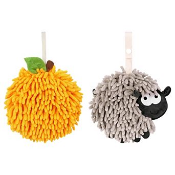 2 pc Soft Absorbent Ball Hand Towel Set, Fuzzy Towels with Wall Hook for Bathroom 7"x7"&6"x6"