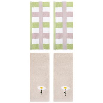 4 pc Floral and Striped Pattern Cotton Hand Towels, Absorbent Towel Set for Bathroom 13"x29"&13"x30"