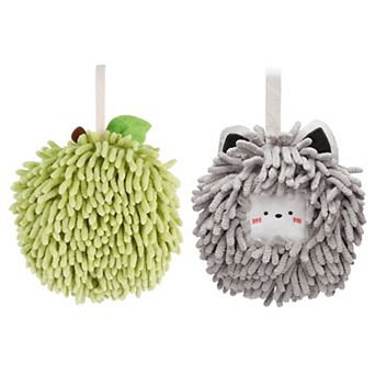 2 pc Absorbent Decorative Ball Hand Towel Set, Fuzzy Towels with Wall Hook 7"x7"&6"x6"