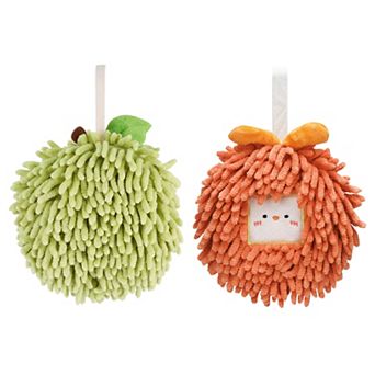 2 pc Absorbent Decorative Ball Hand Towel Set, Fuzzy Towels with Wall Hook 7"x7"&6"x6"