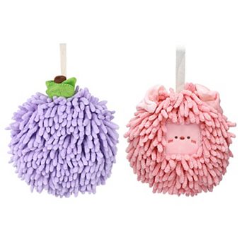 2 pc Absorbent Decorative Ball Hand Towel Set, Fuzzy Towels with Wall Hook 7"x7"&6"x6"