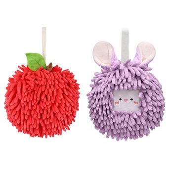 2 pc Absorbent Decorative Ball Hand Towel Set, Fuzzy Towels with Wall Hook 7"x7"&6"x6"