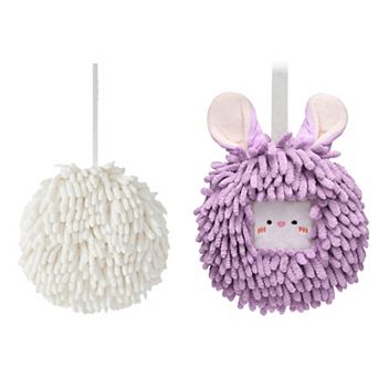 2 pc Absorbent Decorative Ball Hand Towel Set, Fuzzy Towels with Wall Hook 7"x7"&6"x6"