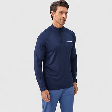 Men's Long Sleeve Quarter-Zip Pullover with Reflective Chest Detail and Slim Fit Design