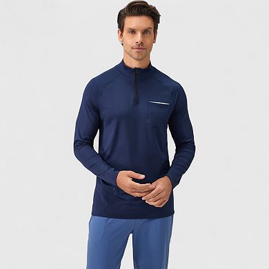 Men's Long Sleeve Quarter-Zip Pullover with Reflective Chest Detail and Slim Fit Design