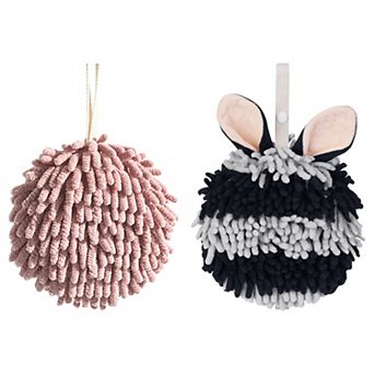 2 pc Absorbent Ball Hand Towel Set, Fuzzy Towels with Wall Hook for Bathroom and Spa 7"x7"&6"x6"