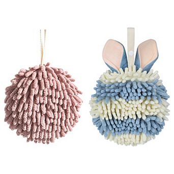 2 pc Absorbent Ball Hand Towel Set, Fuzzy Towels with Wall Hook for Bathroom and Spa 7"x7"&6"x6"
