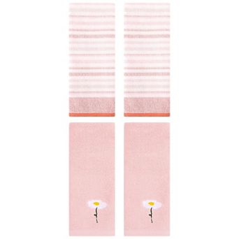 4 pc Floral and Striped Pattern Cotton Hand Towels, Absorbent Towel Set for Bathroom 13"x30"&13"x27"