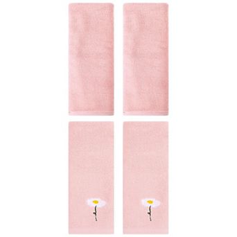 4 pc Floral and Solid Pattern Cotton Hand Towels, Soft Absorbent Towel Set for Bathroom 13"x30"