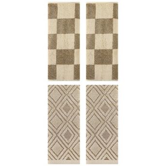 4 pc Bathroom Checkered and Geometric Pattern Decorative Towels, Cotton Face Towels 14"x28"&13"x29"