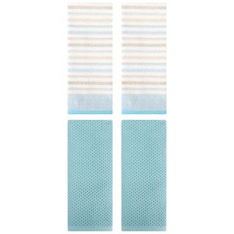 4 pc Cotton Hand Towel Set, Solid Waffle and Striped Pattern Hand Towel for Bathroom 13"x30"&13"x27"